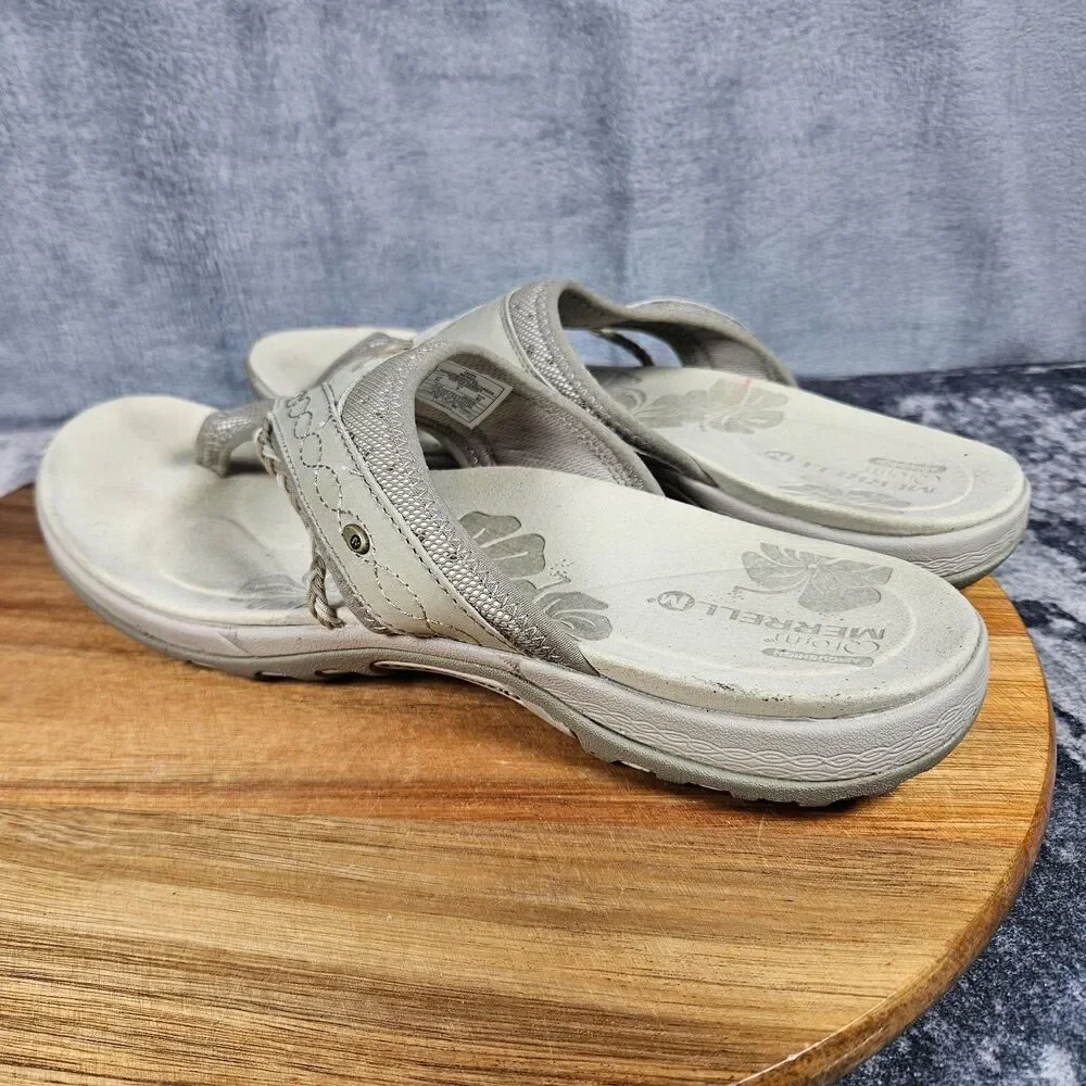Merrell Hollyleaf Womens Taupe Leather Comfort Thong Sandals Flip Flops Shoes 11
